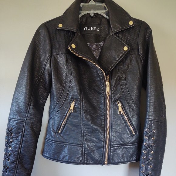 NWT GUESS Faux•Leather Black◾Coat~ Size: Xs
